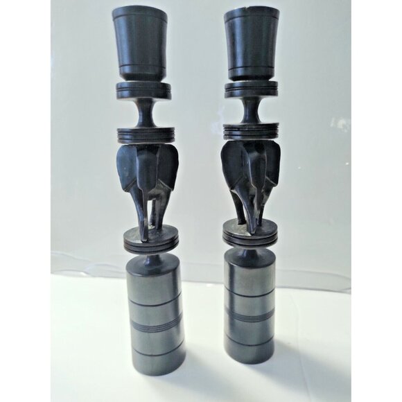 Ebony Wood Carved Elephant Candle Holders set of two 9 1/2" tall - Picture 1 of 13